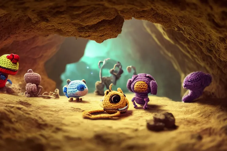 Prompt: an expedition of crochet cute animals discovering a new cave underground. cute, illustration, digital art, inspired by little big planet, by greg rutkowski, detailed, sharp, masterpiece, highly detailed, photorealistic, octane render, 8 k, unreal engine 5, trending on artstation, vivid colors