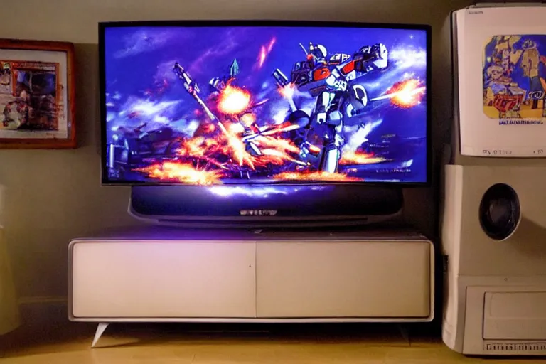 Image similar to Trinitron TV showing gundam fighting a Zaku-II with an axe on an old 80s tv glows in the living room lights off, 90s nostalgia, wide view, fish eye lens, vhs , scanlines, by Katsuhiro Otomo, Geof Darrow, Phil hale, Ashley wood, Ilya repin, frank frazetta, 8k, hd, high resolution