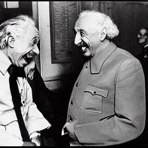 Image similar to Einstein laughing at Stalin, historical photo, high grain, black and white, highly detailed