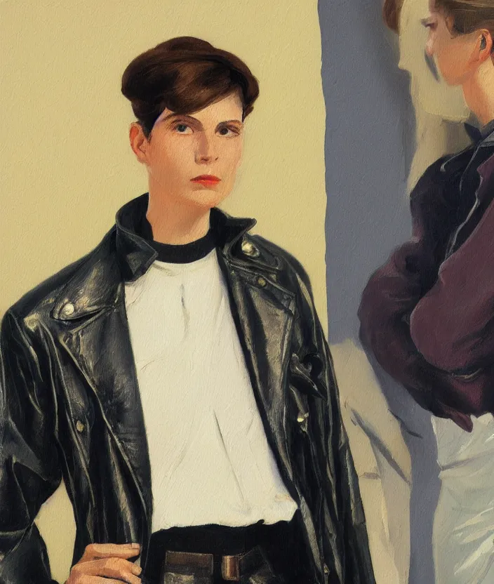 Image similar to a very detailed painting of an 8 0 s jacket with big shoulder pads, very aesthetic leather jacket, detailed closeup of leather jacket, front view, very fashionable, in the style of edward hopper and oswald hornby joseph birley and susan ryder, very small brushstrokes, 4 k,