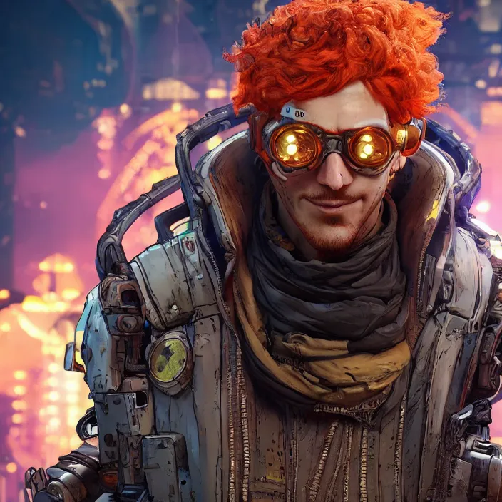 Image similar to cyberpunk portrait of curly orange hair man from borderlands 3, au naturel, hyper detailed, digital art, trending in artstation, cinematic lighting, studio quality, smooth render, unreal engine 5 rendered, octane rendered, art style by klimt and nixeu and ian sprigger and wlop and krenz cushart.