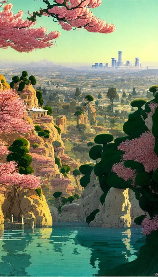 Image similar to ghibli illustrated background of strikingly beautiful west hollywood, california, with strange rock formations acastle is seen in the distance, and red water and cherry blossoms by vasily polenov, eugene von guerard, ivan shishkin, albert edelfelt, john singer sargent, albert bierstadt 4 k