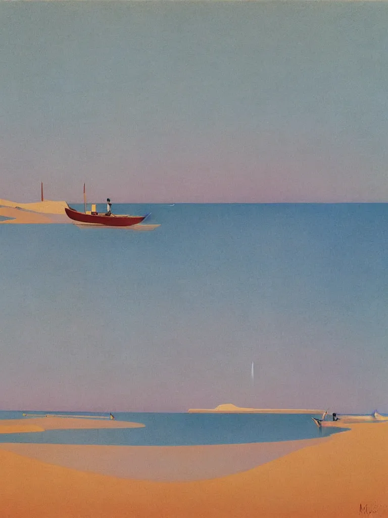 Prompt: a vintage neo retro poster of one boat floating on stylized water in bassin d'arcachon, a sand dune in background, australian tonalism, pale gradients design, matte drawing, clean and simple design, outrun color palette. Painting by Morandi, Agnes Pelton