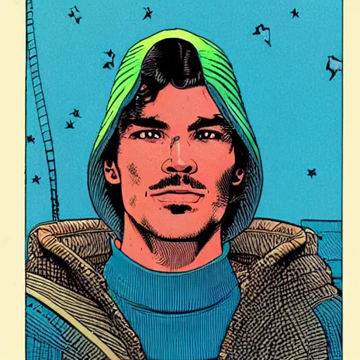 Prompt: josh hartnett retro minimalist portrait moebius starwatcher comic by jean giraud, 8 k