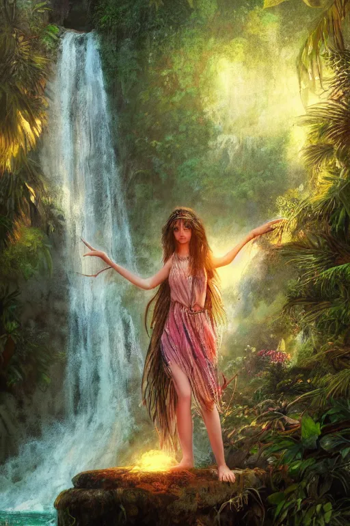 Image similar to portrait of bohemian girl in the jungle by a waterfall, staring directly into camera, intricate, elegant, glowing lights, highly detailed, digital painting, artstation, sharp focus, illustration, art by wlop, mars ravelo and greg rutkowski