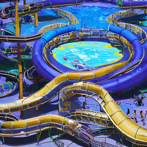 Image similar to moon colony waterpark with water slides, digital art, epic composition, highly detailed, cinematic lighting