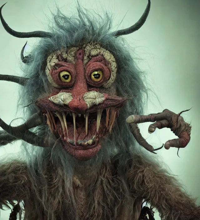 Image similar to hyper realistic photography of indonesian demon hairy fluffy muppet show horror nightmare elf goblin monster with long arms, human anatomy, real teeth, full body, cinematic symmetric dark _ crystal, brian froud, alan lee, jean baptiste monge, scott radke