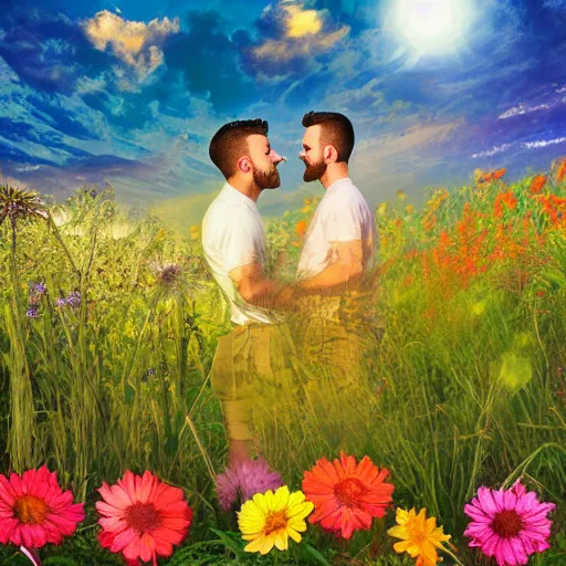 Image similar to a gay couple together in a field of flowers at sunset, realistic, intricate, 4k