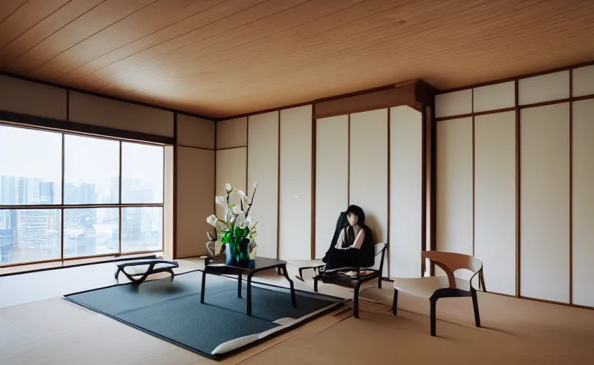Prompt: futuristic minimalist japanese living room, japanese flower arrangements, coherent composition, architecturally accurate, architecture photography, 8 k