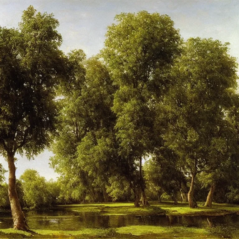 Prompt: banyan trees by the pond, boys and girls, oil on the canvas, summer day, by ivan ivanovich shishkin