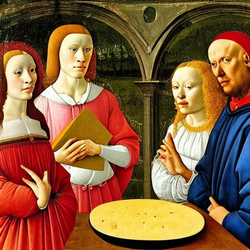 Image similar to beautiful renaissance painting portrait of a gouda cheese wheel by sandro botticelli, jan van eyck, tiziano vecelli, piero della francesca