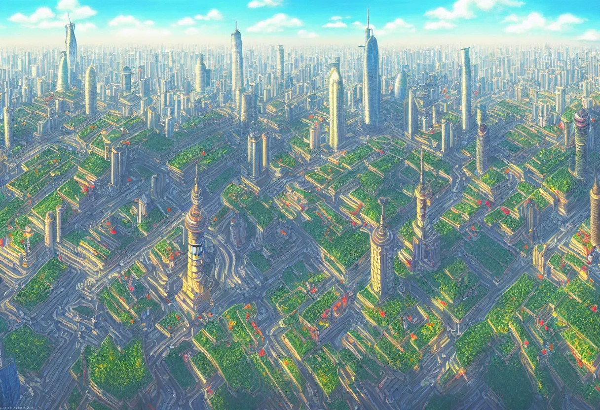 Image similar to a beautiful ultradetailed painting of shanghai, studio ghibli sunlight, archdaily, wallpaper, highly detailed, trending on artstation