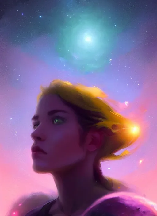 Image similar to epic portrait cinematic shot an yellow planet with a pink atmosphere orbiting around a blue star in space, glowing, stars, nebuale, atmospheric, fine details. night setting. realistic shaded lighting poster by craig mullism, artgerm, jeremy lipkin and michael garmash, unreal engine, radiant light, detailed and intricate environment, digital art, trending on art station,