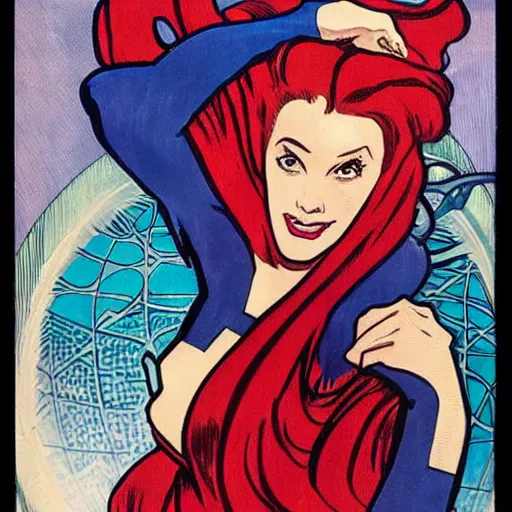 Prompt: a woman with red hair. she is a superhero, wearing a superhero costume. well composed, clean elegant painting, beautiful detailed face. comic book art by steve ditko and jack kirby and ( alphonse mucha )