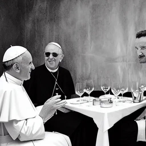 Prompt: the pope and bono are eating in a fancy restaurant. folk horror