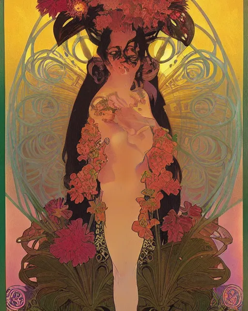 Image similar to flowerpunk portrait of a fierce matriarch by paul lehr, alphonse mucha