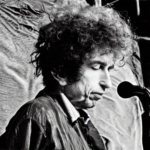 Prompt: bob dylan holding up bull kelp, gazing at it endearingly, photograph