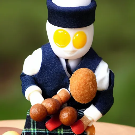 Image similar to close up photo of a miniature Scottish man in a kilt, playing bagpipes hatching out of a Scotch egg. You can see the yolk, egg white, sausage and crumbed outside of the egg.