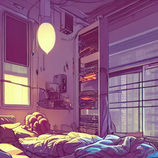 Prompt: cozy cyberpunk apartment room at night, cozy lighting, josan gonzalez