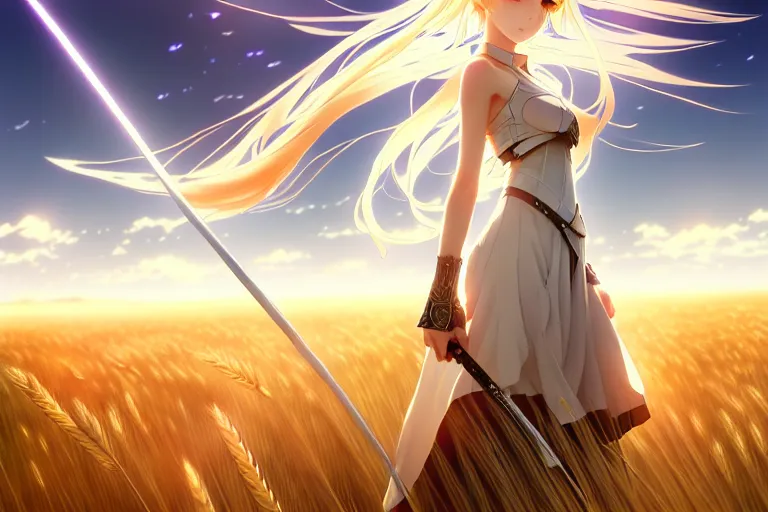 Prompt: wlop's legendary and beautiful anime - style digital painting of saber lily standing in a field of wheat, facing the far - off city to the west, intricate details, ultra realistic, beautiful art, volumetric lighting, by wlop, by art germ, by brom, trending cgsociety, artstation