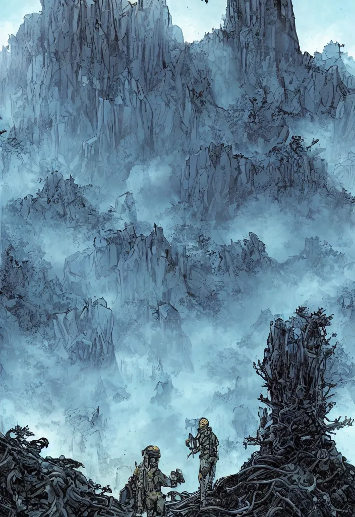 Image similar to A comic book cover of an android soldier with back to the camera, in a forest made of crystal, looking across a vast chasm and old rope bridge. On the mountain facing him is a crystal temple with a tower glowing in the fog