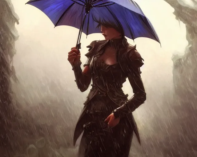 Prompt: umbrella, heavy rain, wind, thunder, reflections, deep focus, d & d, fantasy, intricate, elegant, highly detailed, digital painting, artstation, concept art, matte, sharp focus, illustration, hearthstone, art by artgerm and greg rutkowski and alphonse mucha