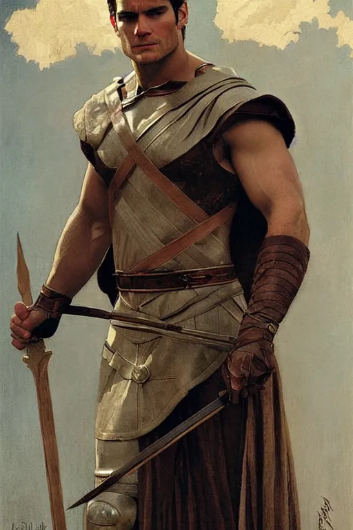 Image similar to henry cavill as gladiator, short hair, painting by j. c. leyendecker