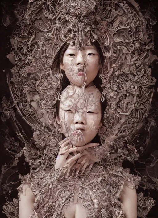 Image similar to a portrait of asian female by stefan geselle and nekro borja, photorealistic, intricate details, hyper realistic, fantasy, elegant, baroque, photorealistic, canon r 3, photography, wide shot, symmetrical features, symmetrical pose, wide angle shot, head to toe, standing pose, feet on the ground, wearable art