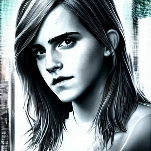 Image similar to Emma Watson, head and shoulders portrait, the background is a huge futuristic city, cyberpunk style futuristic neon lights, artstation cgsociety masterpiece highly-detailed