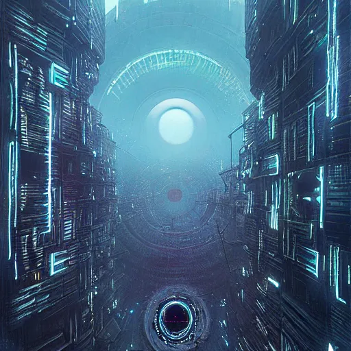 Image similar to perfect Circle Portal in the middle of a cyberpunk city. Tsutomu Nihei, Beksinski, ArtStation.