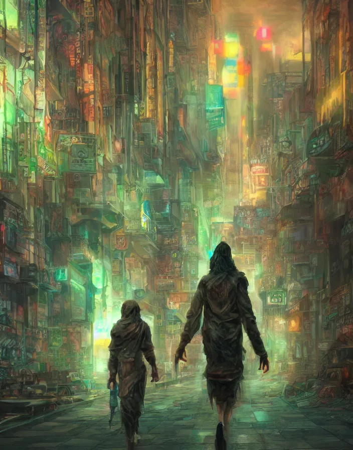 Prompt: god walking the streets of subway city, masterpiece, perfect composition, hyperrealistic, intricate oil pastel glow, dynamic lighting, photorealistic, fantasy concept art, ambient lighting, atmospheric moss, stunning visuals, creative, cinematic, ultra detailed, trending on art station