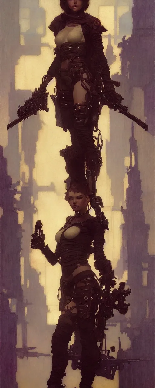 Prompt: full character portrait max mad cyberpunk, machinist tech assassin girl character design, painting by gaston bussiere, katsuya terada, nc wyeth, greg rutkowski, craig mullins, vermeer, frank frazetta, mucha, tom of finland, trending on artstation, jeffery catherine jones