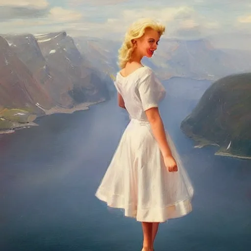 Prompt: 1950s blonde standing on top of Norwegian fjord, norway flag and sky blended, atmospheric, dreamy, painting by Vladimir Volegov