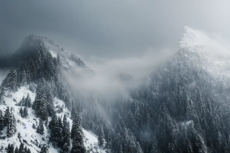 Prompt: taking from above, snowcapped mountain with lots of fog and there was a giant on the top of the mountain. high detail, photorealistic, good lighting, unbelievable.