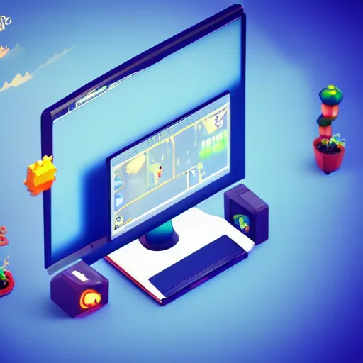 Prompt: a simple pc monitor, mobile game, isometric art, centralised, low poly, mohamed chahin, blender cycles render, solid colours material, no background and shadows