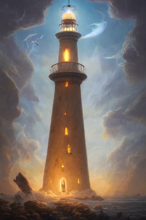 Prompt: Detailed Exterior Shot of The Magical Wizard Lighthouse of Alexandria, light of god, light shafts, flock of birds, stunning atmosphere, in Style of Peter Mohrbacher, cinematic lighting