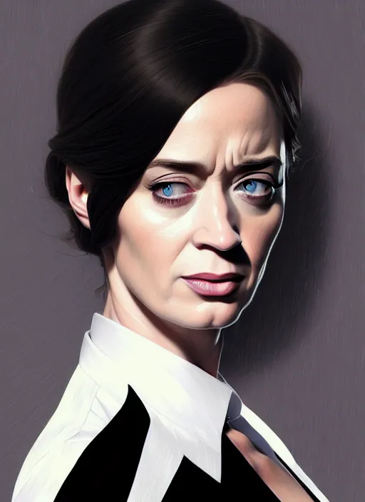 Prompt: portrait of a cat eyed emily blunt as business woman, black suit, white shirt, black tie, intricate, headshot, highly detailed, digital painting, artstation, concept art, sharp focus, cinematic lighting, illustration, art by artgerm and greg rutkowski, alphonse mucha, cgsociety