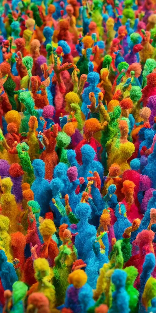 Image similar to group of giant rainbow-colored people dancing in a forest made out of fluffy pipecleaners in the style of Jean-Michel Basquiat, 3D cinematic lighting, spotlight at a 90 DEGREE ANGLE, photorealism, octane render, depth of field, 8k, 35mm, artgem, Trending on artstation