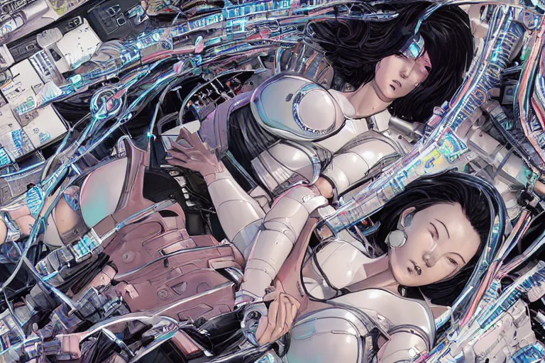 Image similar to a cyberpunk illustration of a group of female androids in style of hajime sorayama, lying on an abstract, empty, white floor with their body parts scattered around and cables and wires coming out, by katsuhiro otomo and masamune shirow, hyper-detailed, intricate, colorful, view from above, wide angle, close up, beautiful