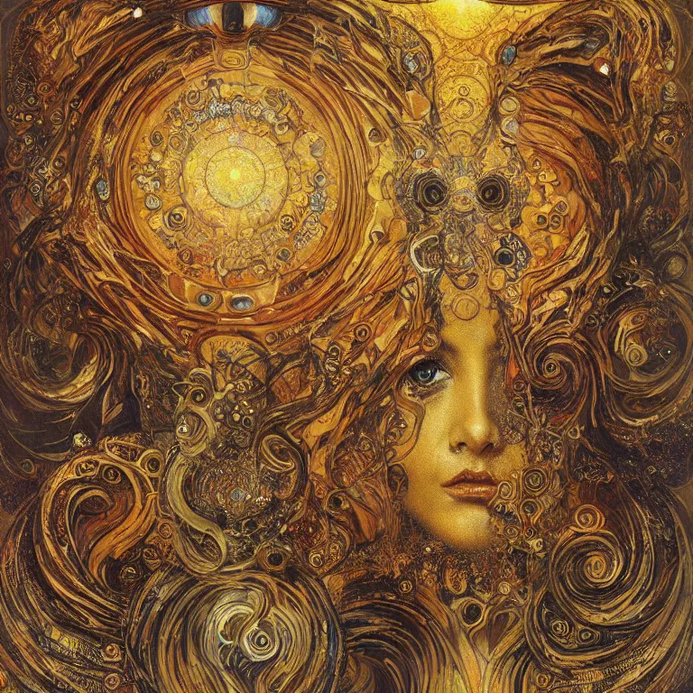 Image similar to Divine Chaos Engine by Karol Bak, Jean Deville, Gustav Klimt, and Vincent Van Gogh, visionary, sacred fractal structures, ornate gilded medieval icon, spirals, 8k 3D