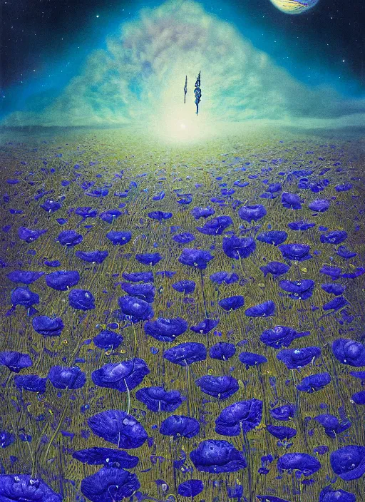 Image similar to detailed, intricate blue black and purple papaverum flower on the field, nebula, galaxy in the sky, winning award masterpiece, fantastically beautiful, illustration, aestheticly inspired, jacek yerka, upscale with anguissola sofonisba work, artstation, 8 k