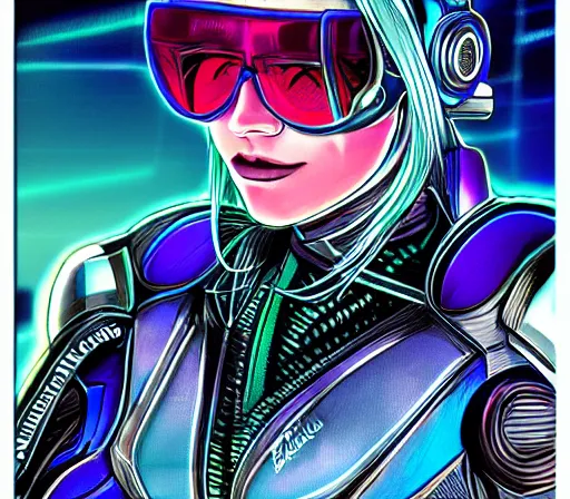 Prompt: hyper detailed comic illustration of a cyberpunk Samus Aran wearing a futuristic sunglasses and a queens gambit armor, markings on their face, by Eng Kilian, intricate details, vibrant, solid background