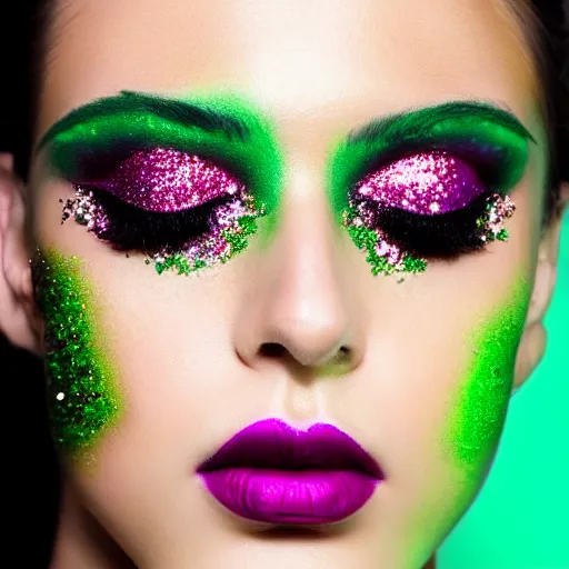 Image similar to photo of very very beautiful model with green eye shadow, glitter makeup, beauty campaign, sephora, pat mcgrath, bobbi brown, photoshoot, closeup, real life skin, sharp focus