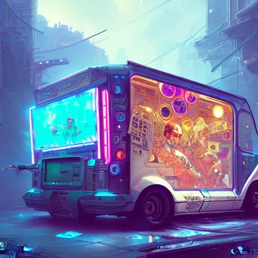 Image similar to a cyberpunk ice cream truck digital painting, intricate, elegant, highly detailed, artstation, concept art, matte, sharp focus, illustration, art by Artgerm and Greg Rutkowski and Alphonse Mucha