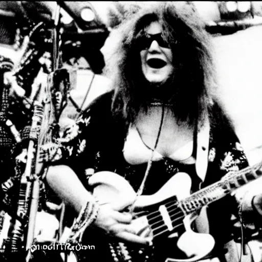 Image similar to Godzilla as Janis Joplin performing on stage at Woodstock, photo