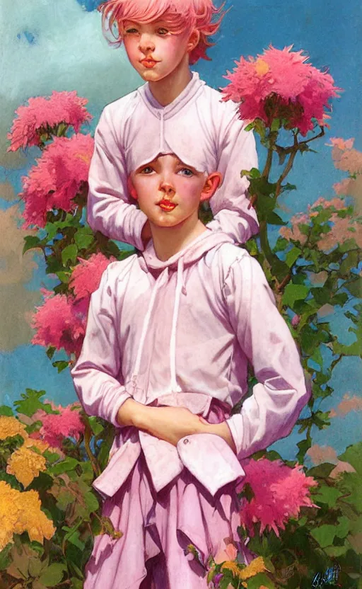 Prompt: androgynous cute pink haired teen boy wearing greek clothes, muted colors, colorful flowers, sunlight filtering through skin, j. c leyendecker, by alan lee, wlop! illustrated by starember, fantasy art by craig mullins cfg _ scale 8