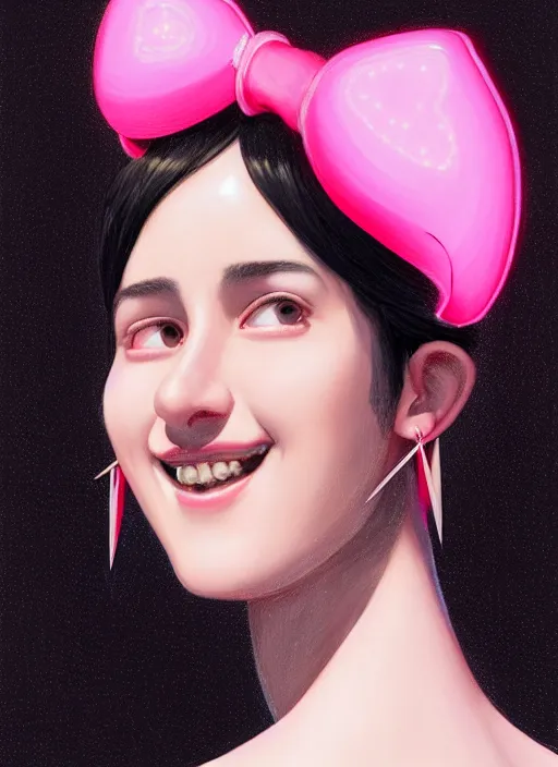 Image similar to portrait of high school girl, realistic, black hair, bangs, half updo hairstyle, pointy nose, skinny, smile, ugly, defined jawline, big chin, pink hair bow, earrings, intricate, elegant, glowing lights, highly detailed, digital painting, artstation, sharp focus, illustration, art by wlop, mars ravelo and greg rutkowski