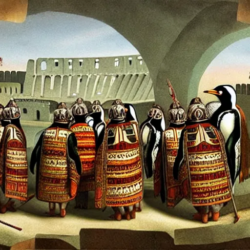 Image similar to penguin conquistadors visit rome