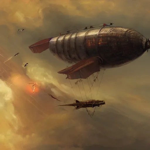 Prompt: a painting of a large steampunk airship fighting another airship in the sky, by charlie bowater, 4 k