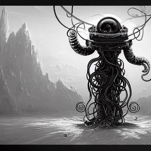 Image similar to !dream retro style space monster traveling through space long tentacles big black with white tentacles Planets in the background digital painting, artstation, concept art, soft light, hdri, smooth, sharp focus, illustration, fantasy, intricate, elegant, highly detailed, D&D, matte painting, in the style of Greg Rutkowski and Alphonse Mucha and artemisia, 8k, highly detailed, jurgens, rutkowski, bouguereau, pastoral, rustic, georgic